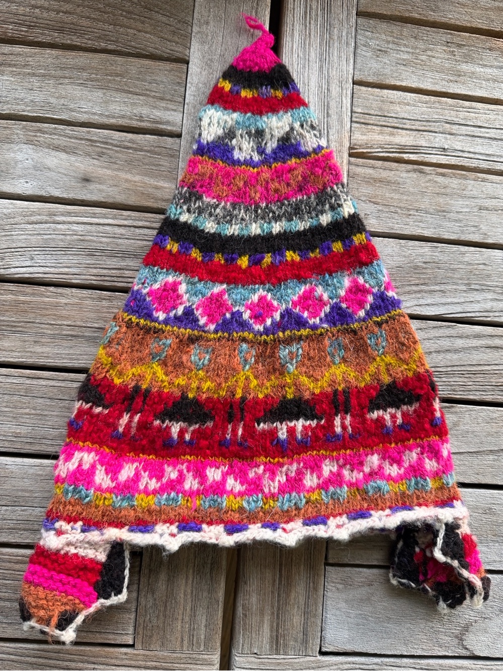 Rare VTG Chullo Peru Andes Alpaca Wool Blend Knit Hat Cap Folk Tribal Pattern